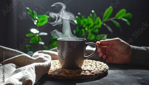 Steaming mug of coffee on a woven coaster with green plant background