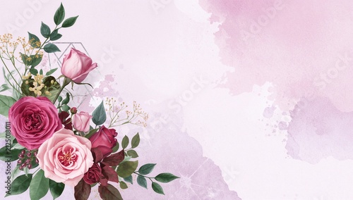 Pink Floral Arrangement with Roses and Greenery on Soft Watercolor Background