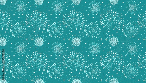 White Fireworks Pattern on Teal Background with Stars