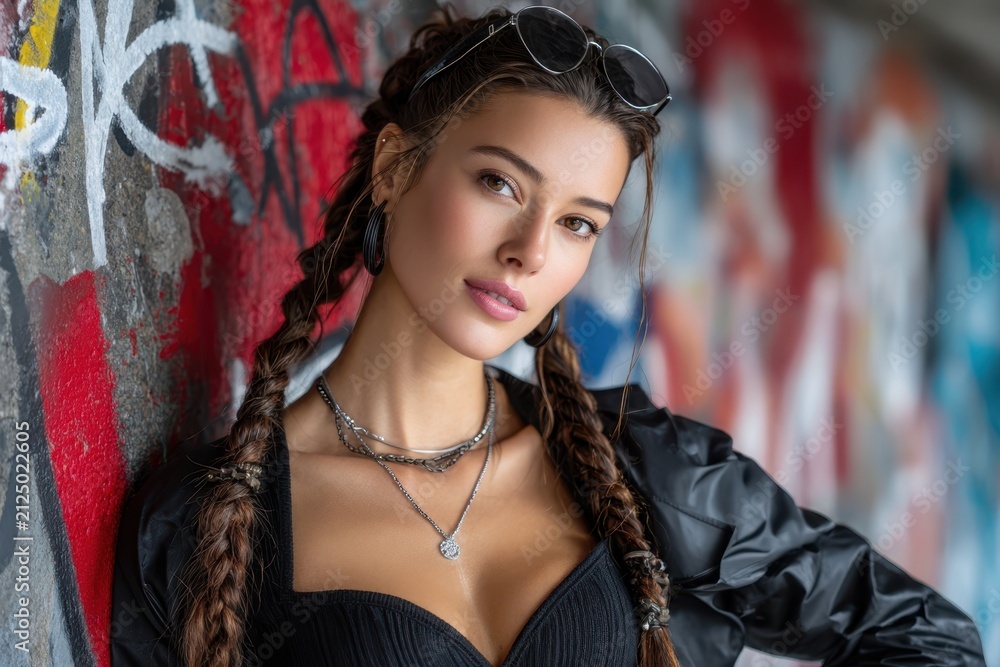 Naklejka premium Stylish Woman with Braids Posing by Graffiti Wall