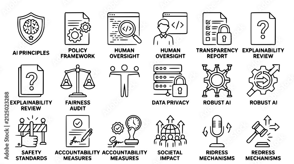Fototapeta premium Artificial intelligence compliance and governance ethics set as clean vector icons