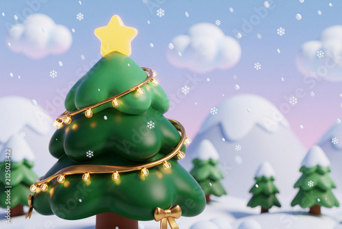 Cute Minimal Christmas Tree with Golden Lights in Snowy Pastel Winter Landscape