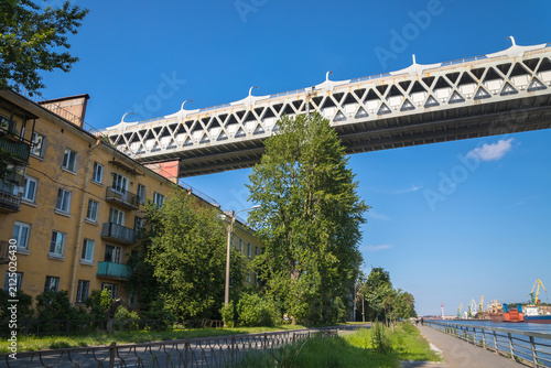 A two-tiered Kanonersky bridge over a residential building. Saint Petersburg, Kanonersky Island