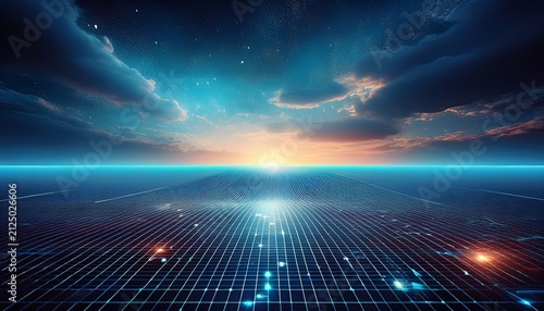 expansive digital grid stretching to horizon under vast sky