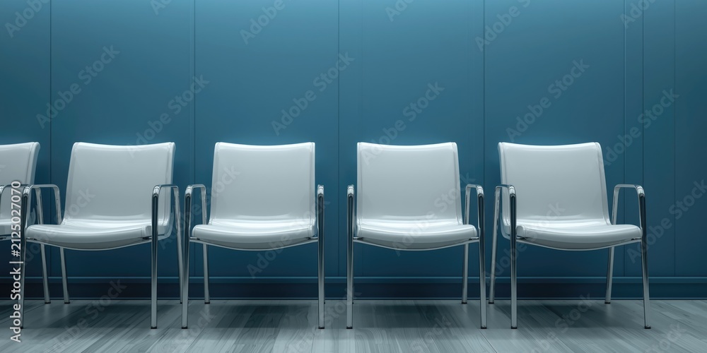 Obraz premium Modern White Chairs in a Minimalist Waiting Room with Blue Wall