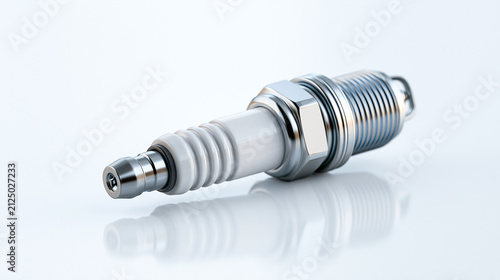 Single automotive spark plug isolated on a white background, showing detailed metal construction and ignition electrode.