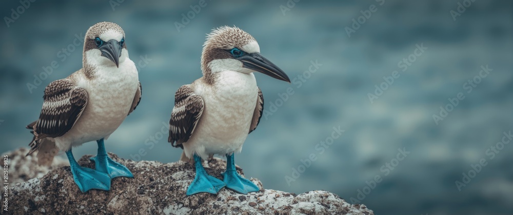 Fototapeta premium Blue Footed Boobies Standing on a Rock by the Ocean in Soft Light