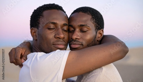 Two men embracing with eyes closed in soft pastel sunset