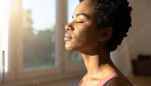 Woman meditating in warm sunlight by window