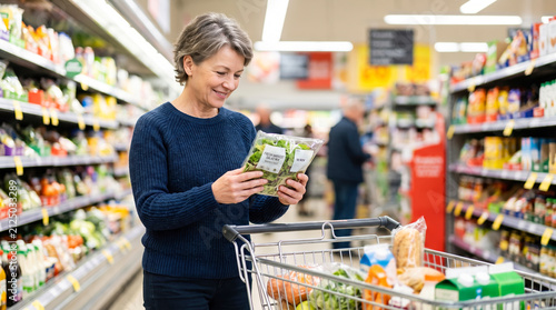 An older woman shops in a grocery store. She smiles while reading the label on a pack of greens. People are around her in the busy store during the day
