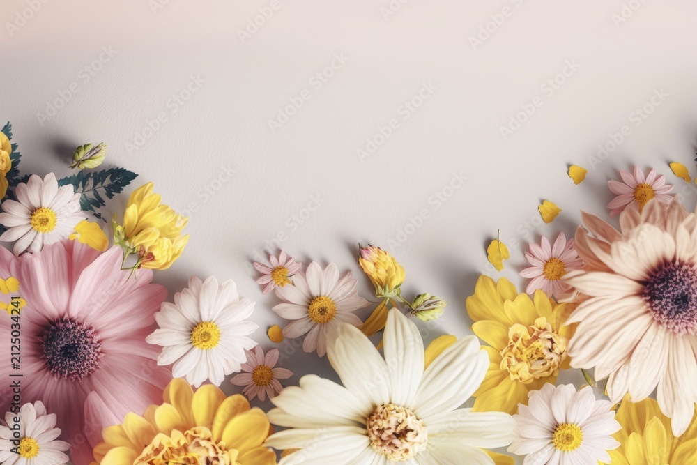 Obraz premium A spring background with pastel-coloured flowers is a natural work of art that shows the beauty and joy of the season. The soft colour palette, from pale pink to light yellow, creates a sense of calm and serenity in any space.on to the background, while the overall ambience is fresh and vibrant. This background is perfect for adding a touch of spring to any design project, whether for an advertisement, a website, or to decorate a room. The delicate and elegant flowers add a touch of elegance and sophisticat, AI generated