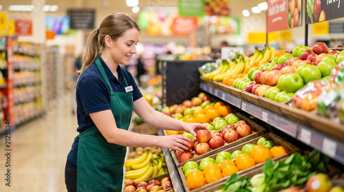 A worker is putting fresh apples on the display in a grocery store. Customers are seen shopping in the background. The scene shows a variety of fruits on shelves
