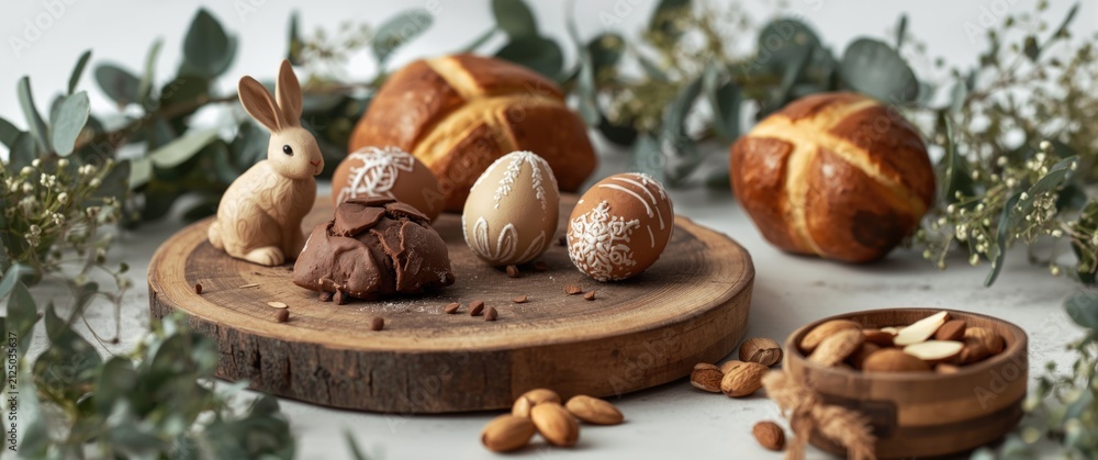 Fototapeta premium Easter Chocolate Treats and Bunny Figurine on a Wooden Board with Decorative Eggs and Baked Goods