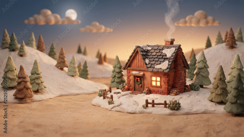 Fototapeta premium cozy winter cabin in a clay style snow landscape