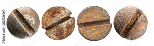 Antique rusted screw heads with deep slot grooves
