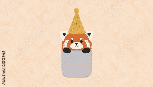 Cute Red Panda with Party Hat Peeking Out of a Pocket on a Soft Background