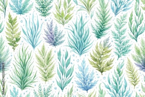 Colorful Seaweed Patterns on a White Background in a Tropical Style