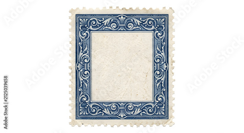 Vintage blue postage stamp with decorative floral border