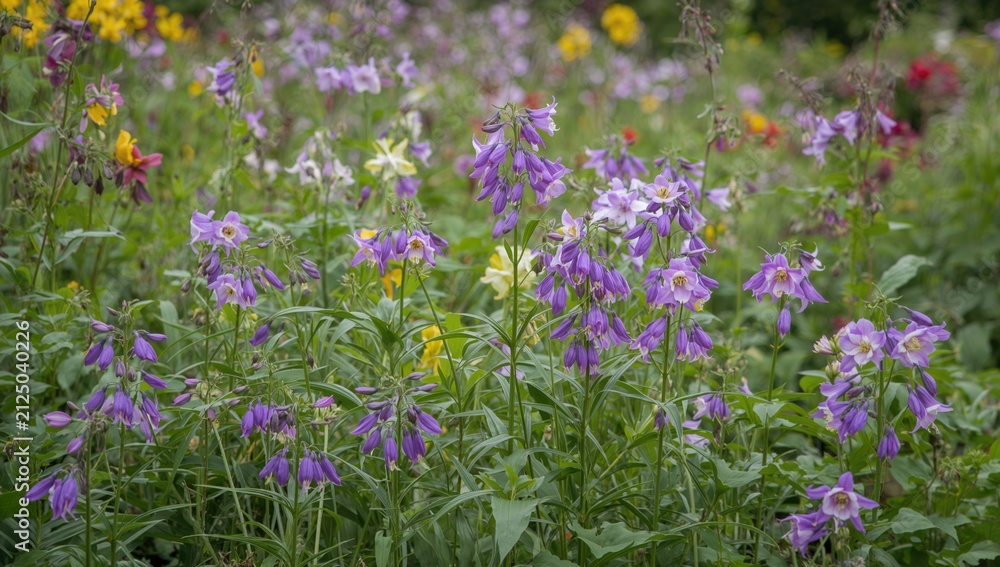 Obraz premium Wild Purple Bellflowers Blooming in a Vibrant Garden in Soft Natural Light