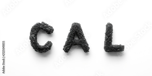 Black Letters C A L Made from Crushed Material Isolated on White Background