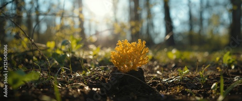 Yellow Coral Mushroom Growing on Forest Floor in Early Morning Light