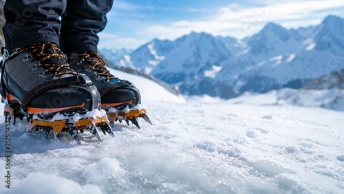 Mountaineering boots with metal crampons standing on glacial ice. Close-up of winter climbing footwear on a snowy alpine peak. Extreme outdoor adventure and alpinism concept