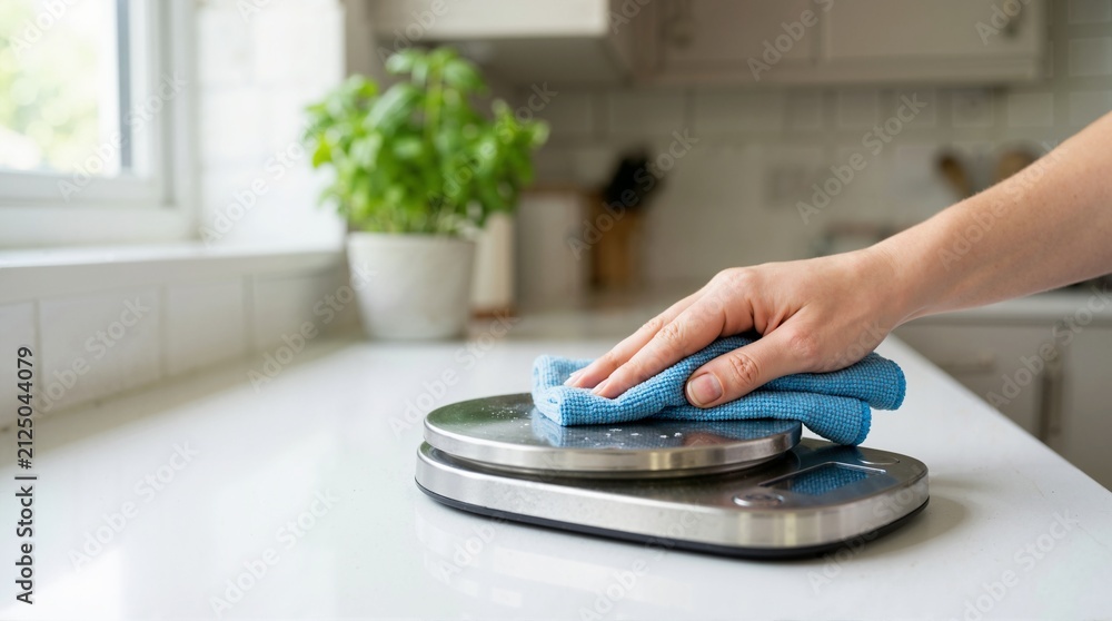 Fototapeta premium Person wiping down a digital kitchen scale with a blue microfiber cloth. Hand cleaning a household appliance on a white countertop. Domestic hygiene and chore concept