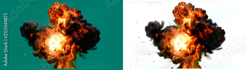 Cinematic fire explosion with black smoke, realistic fiery blast on green screen and white background, 2 isolated explosion elements for VFX