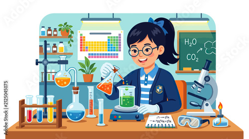 Foto Young student conducting chemistry experiment in laboratory