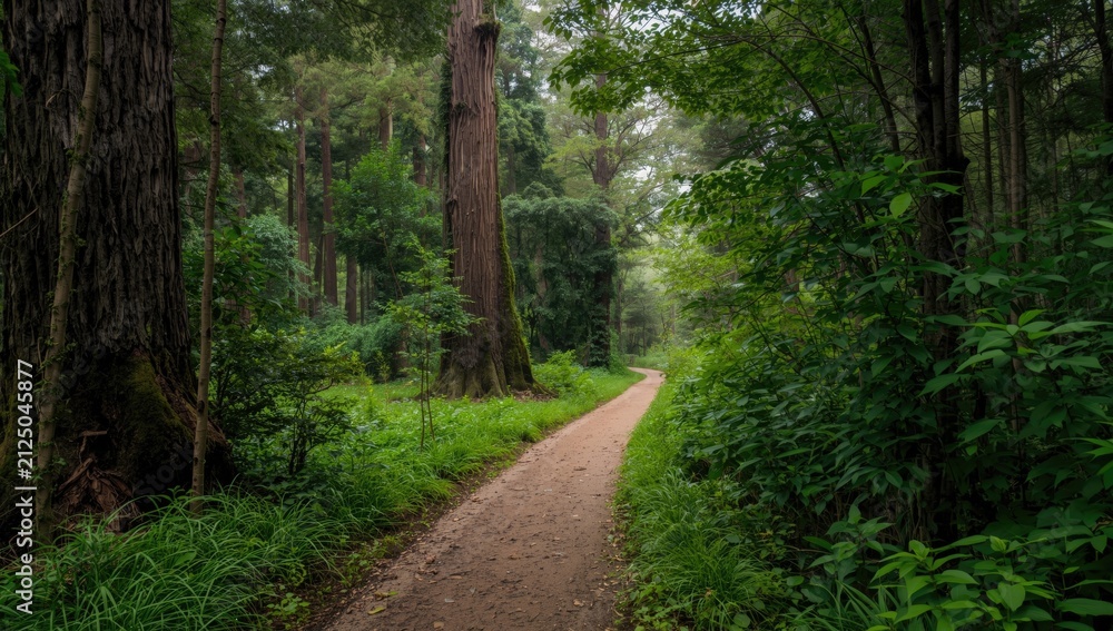 Fototapeta premium Forest Pathway Surrounded by Tall Trees and Lush Greenery on a Foggy Day