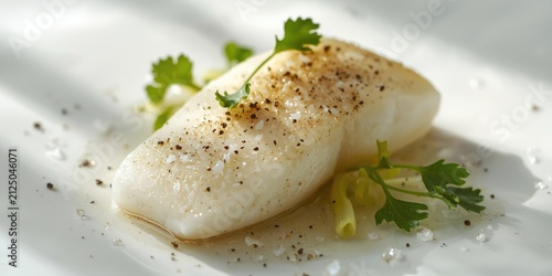 Seared White Fish Fillet Garnished with Fresh Herbs and Spices on a Plate