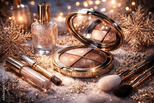 Glamorous Makeup Products on a Sparkling Background with Warm Holiday Lights