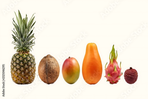 Row of various fresh tropical fruits including pineapple coconut mango papaya dragon fruit lychee