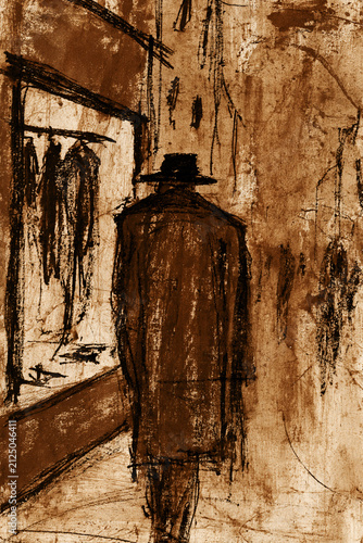 A street in the city at night. A clothing store window. The silhouette of a man in a hat walking along the sidewalk.