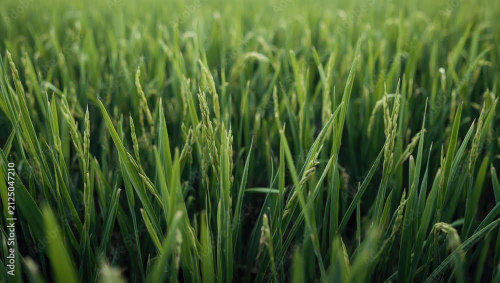 Fototapeta premium Lush Green Rice Field with Emerging Sprouts Under Soft Natural Light