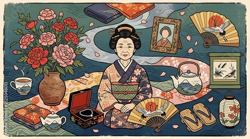 Elderly japanese woman in kimono surrounded by traditional artifacts