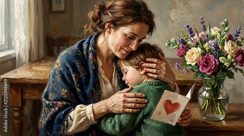 Mother embracing young son holding a heart card near flowers