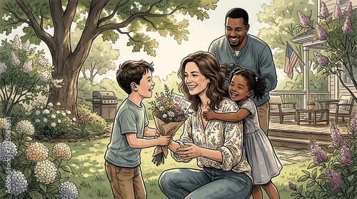 Multiethnic family celebrating outdoors in a blooming summer garden