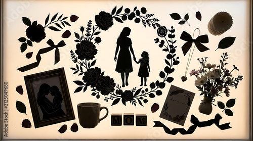 Mothers day silhouette with child floral wreath and sentimental gifts