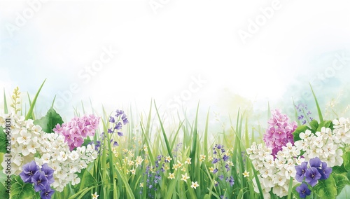 Floral Background with Colorful Flowers and Green Grass in Pastel Light