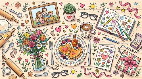Family celebration flat lay with heart pancakes and flowers