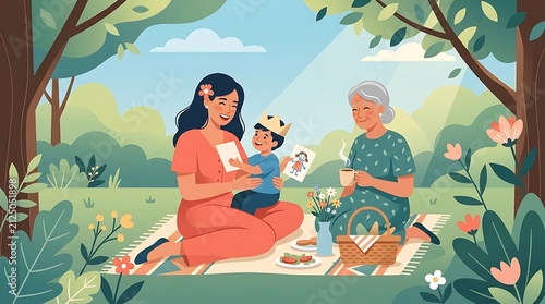 Three generations of a family enjoying a sunny picnic in the park