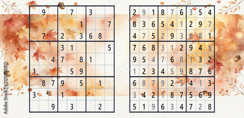 Sudoku puzzle on autumn-themed background with colorful leaves  