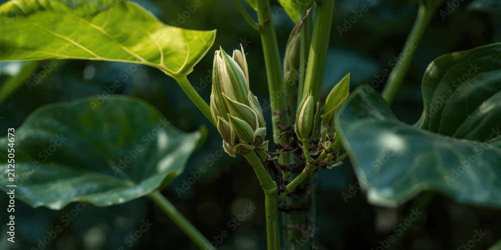 Obraz premium Buds Growing on a Green Plant Surrounded by Large Leaves in Soft Light