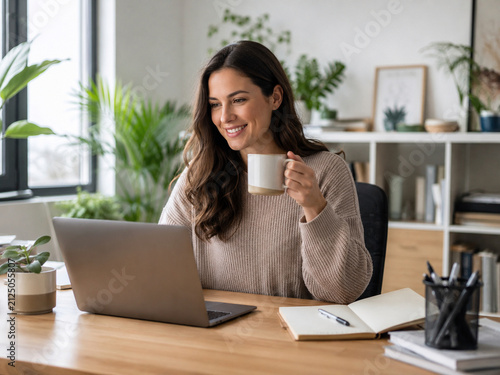 Cozy Home Office Woman Working on Laptop with Coffee
