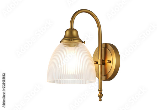 Brass wall sconce with ribbed glass shade, vintage style light fixture, antique home decor, isolated on transparent background.