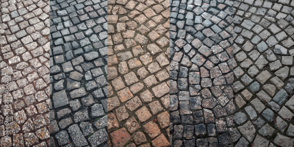 Naklejka premium Cobblestone Pathway in Four Distinct Textures and Colors Under Natural Light