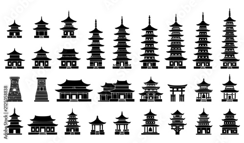 Foto Collection of black silhouettes of traditional japanese pagodas temples and shri