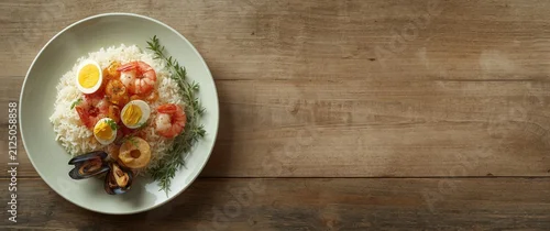 Panel kuchenny z motywem Shrimp Rice Dish with Boiled Eggs and Herbs on Wooden Table