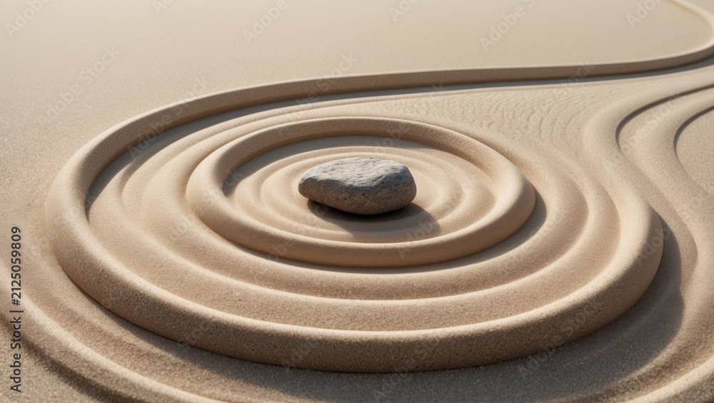 Naklejka premium Stone Centered in Zen Sand Garden with Ripple Patterns